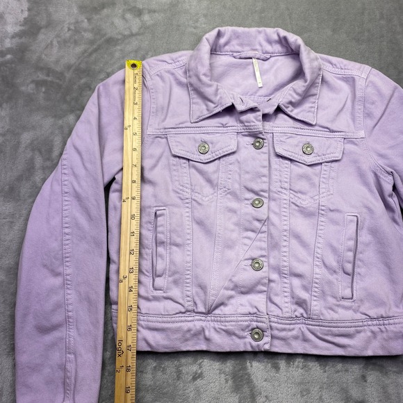 Free People Cropped Denim Jacket Lavender Purple Sz XS Button Front Grunge Boho - Picture 2 of 8